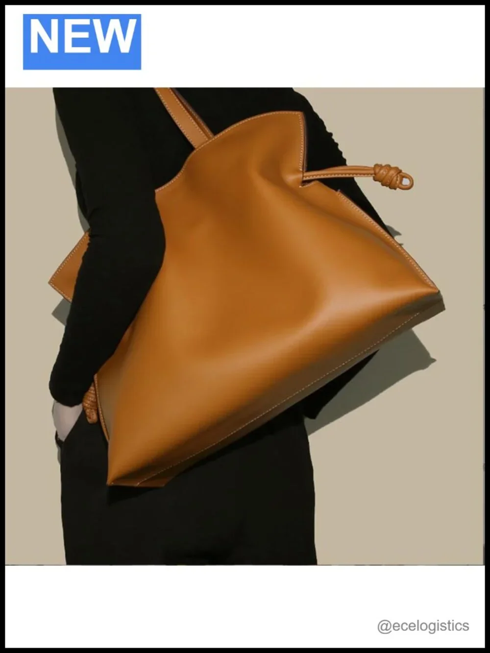 Large Cowhide Leather Drawstring Tote Bag Shoulder Shopping